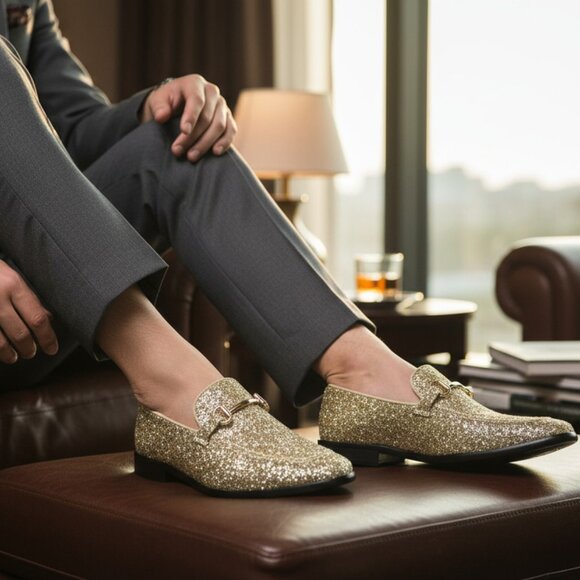 Gold Glitter Men\'s Vintage Designer Classic Smoking Dress Tuxedo Loafers Shoes